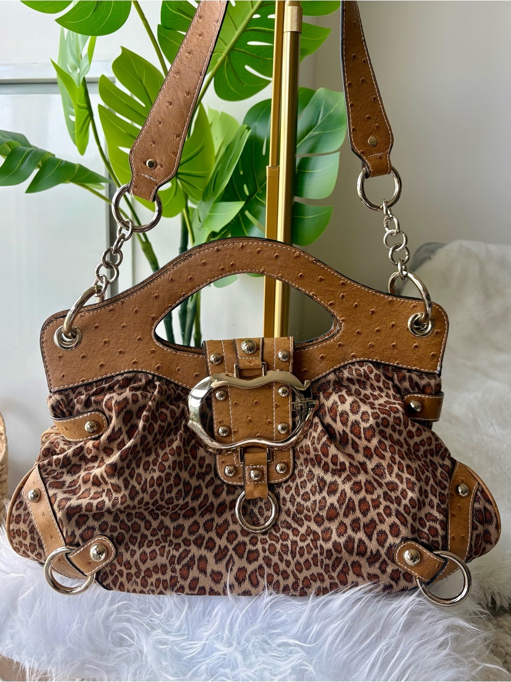 Vintage Y2K GUESS Leopard Shimmer Ostrich Shoulder Bag McBling